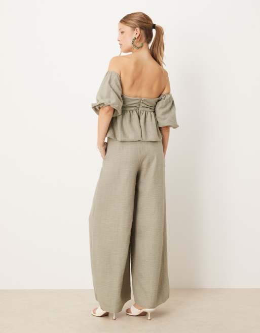ASOS DESIGN bardot extreme puff sleeve peplum jumpsuit in khaki
