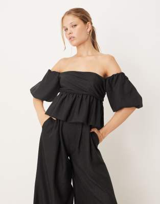 Asos Design Bardot Extreme Puff Sleeve Peplum Jumpsuit In Multi