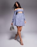 [ASOS DESIGN] ASOS DESIGN bardot faux-ord mini dress in devore in blue L Blue