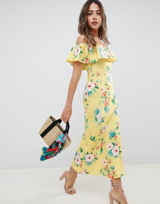 ASOS DESIGN bardot fit and flare maxi dress in tropical print | ASOS