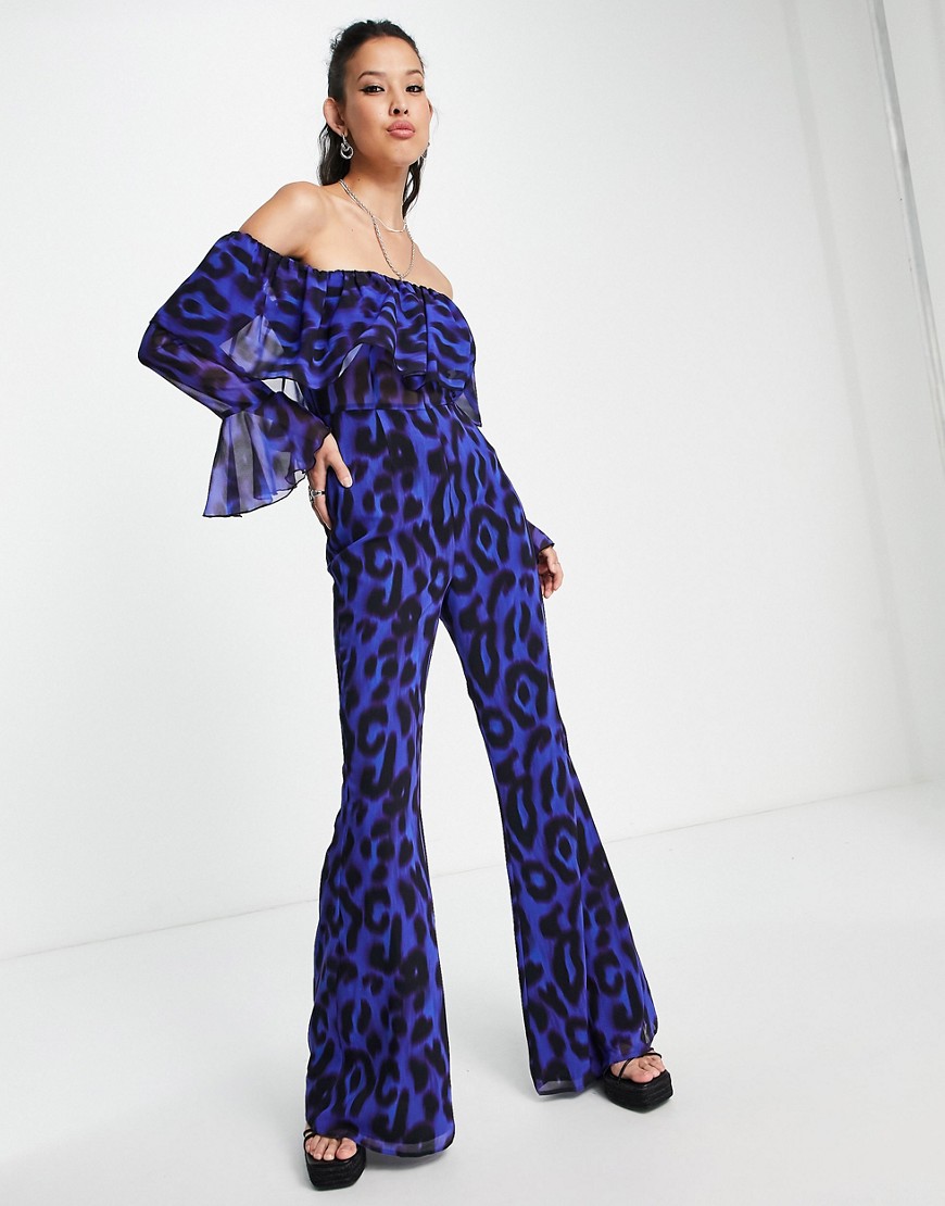 ASOS DESIGN bardot floaty flared chiffon jumpsuit in blurred floral-Multi