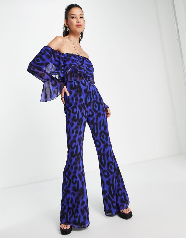 ASOS DESIGN bardot floaty flared chiffon jumpsuit in blurred floral