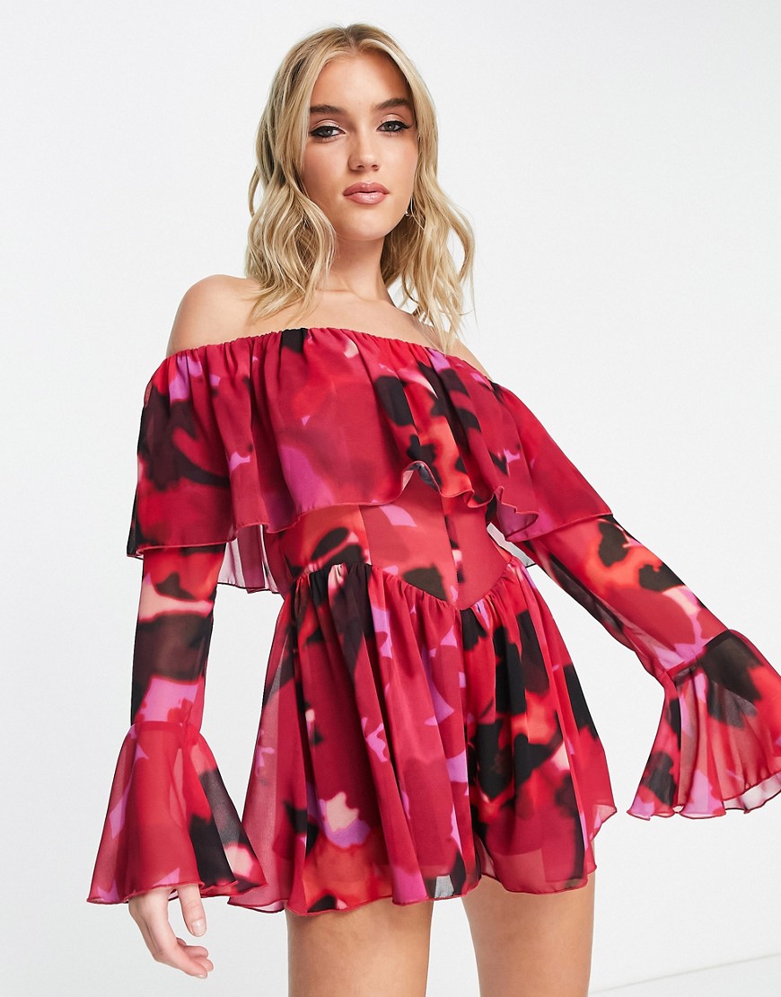 ASOS DESIGN bardot floaty flared chiffon playsuit in blurred floral-Pink