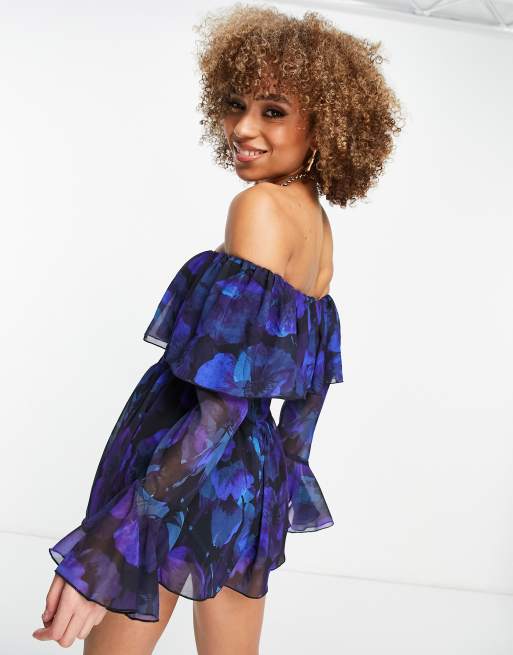 ASOS DESIGN bardot floaty flared chiffon romper in blue floral, 2 of 4