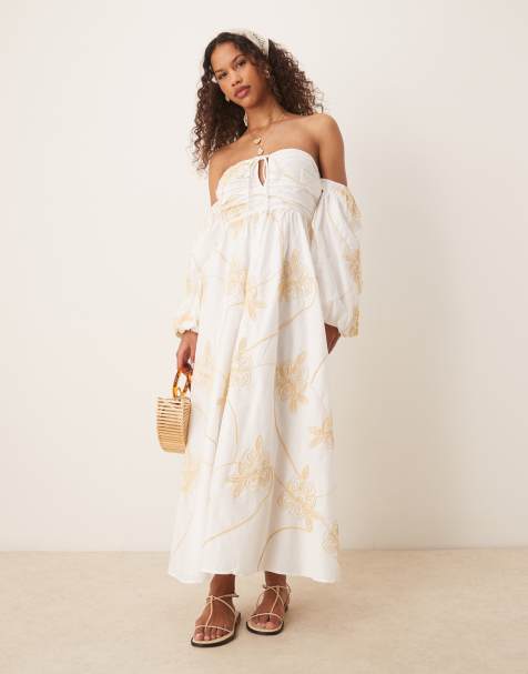ASOS DESIGN bardot floral embroidered midi dress in white - view 1