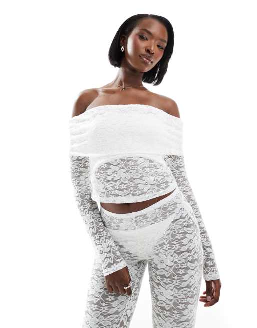ASOS DESIGN bardot fold over lace top in ivory (part of a set)