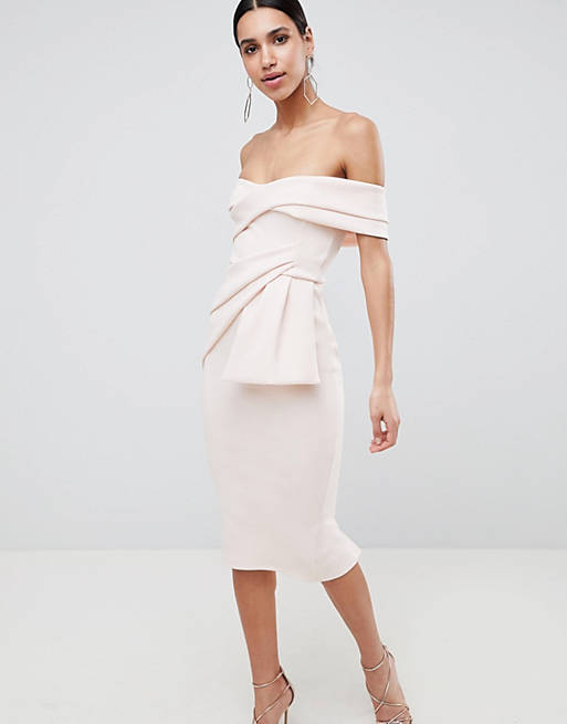 ASOS DESIGN bardot fold wrap front midi pencil dress