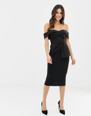 asos design bardot fold wrap front midi pencil dress