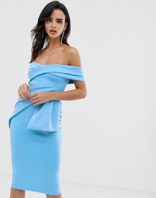 asos design bardot fold wrap front midi pencil dress