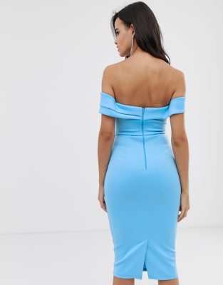 bardot fold wrap front midi pencil dress