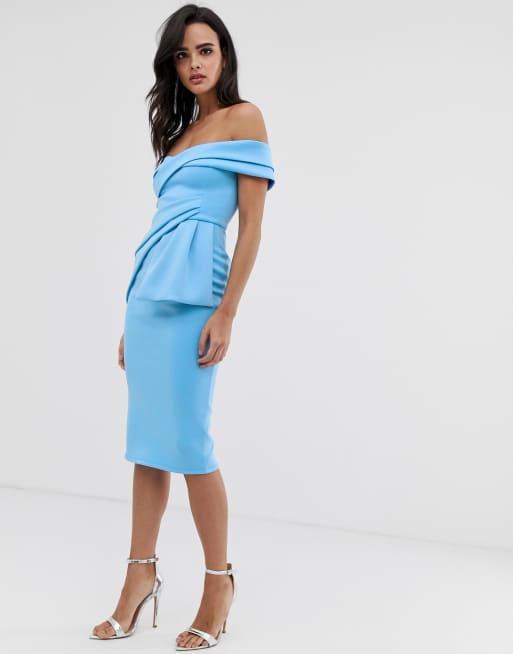 Asos design bardot fold wrap front 2025 midi pencil dress