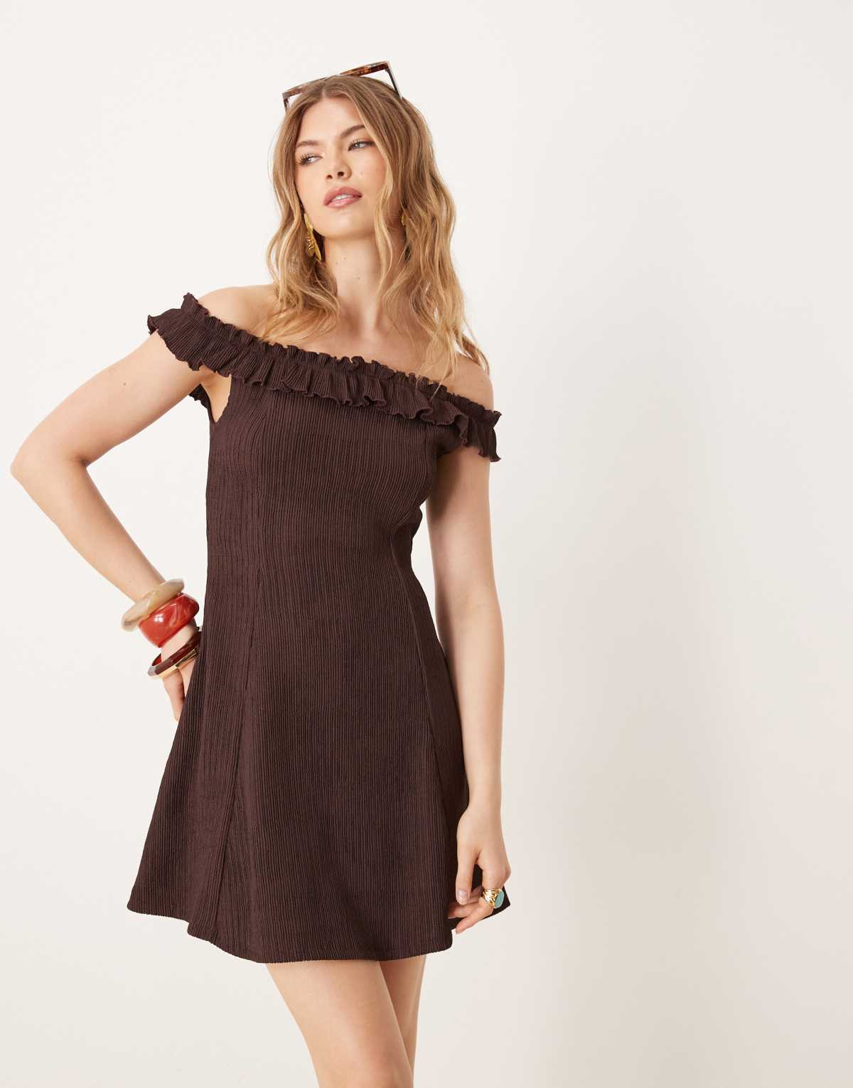 ASOS DESIGN bardot frill mini dress in plum