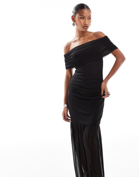 ASOS DESIGN bardot full skirt maxi dress with mixed fabrics in black - view 1