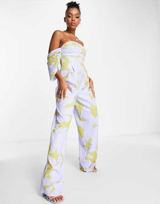 ASOS DESIGN - Bardot-jumpsuit i scubastof med rynker og blomsterprint, 3 af 4