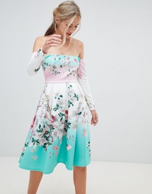 ASOS DESIGN - Bardot jurk voor avondfeest met bloemenprint in ombré-Rood