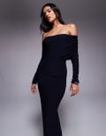 [ASOS DESIGN] ASOS DESIGN bardot lace detail maxi dress in navy 14 navy