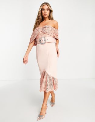 Asos Design Bardot Lace Midi Dress With Peplum Hem And Belt Detail In Dusky  Pink | ModeSens