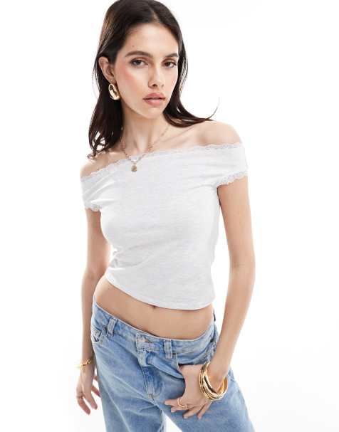 ASOS DESIGN bardot lace trim top in ice marl - view 1