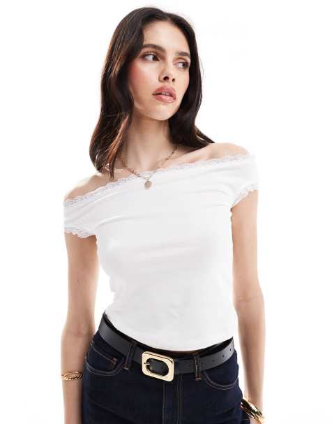 ASOS DESIGN bardot lace trim top in white - view 1