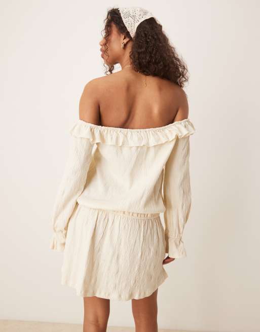 ASOS DESIGN bardot long sleeve boho mini dress in cream | ASOS