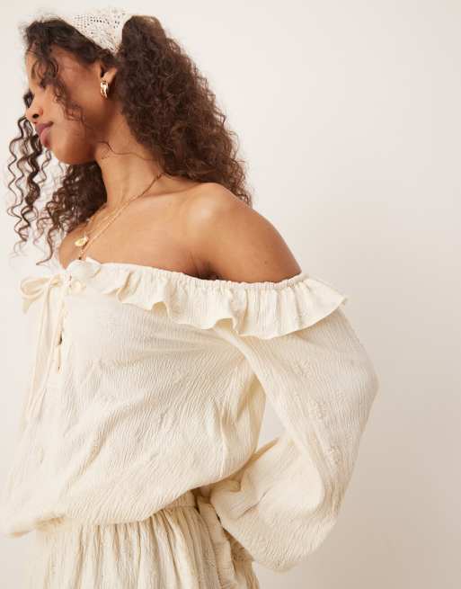 ASOS DESIGN broderie bardot long sleeve boho mini dress in cream