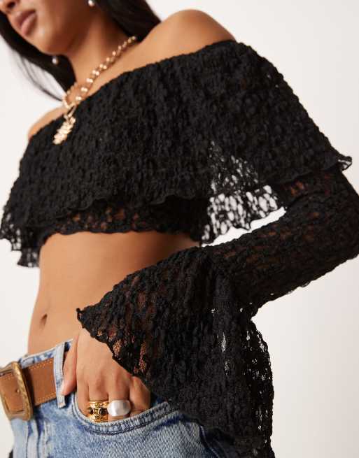 ASOS DESIGN bardot long sleeve lace crop top with ruffle details in black, 3 of 4