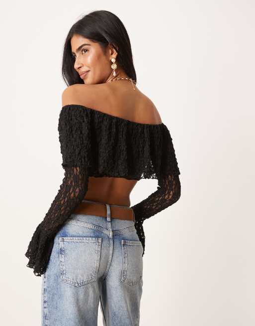 ASOS DESIGN bardot long sleeve lace crop top with ruffle details in black, 4 of 4