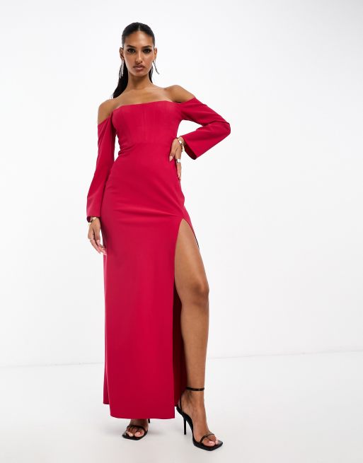 ASOS DESIGN bardot long sleeve maxi dress with corset detail in pink ASOS