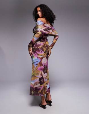 Asos Design Bardot Long Sleeve Midi Dress In Multi