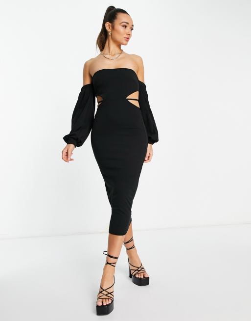 ASOS DESIGN Bardot long sleeve midi dress with side cut-outs in black