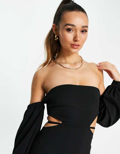 ASOS DESIGN Bardot long sleeve midi dress with side cut-outs in black