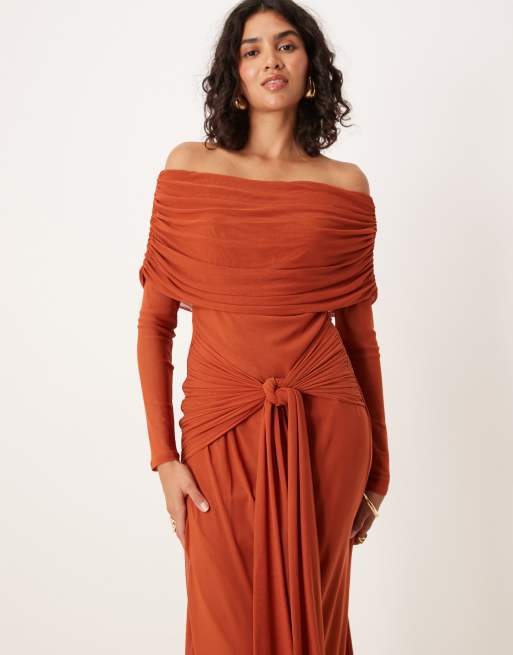 ASOS DESIGN bardot long sleeve tie front midi dress in rust, 4 of 4