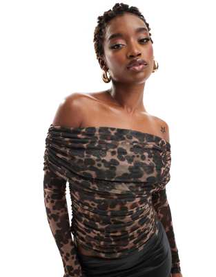 Asos Design Bardot Long Sleeve Top In Printed Mesh-multi