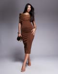 [ASOS DESIGN] ASOS DESIGN bardot manipulated taffeta bodice detail midi dress in mocha-Brown 14 Brown