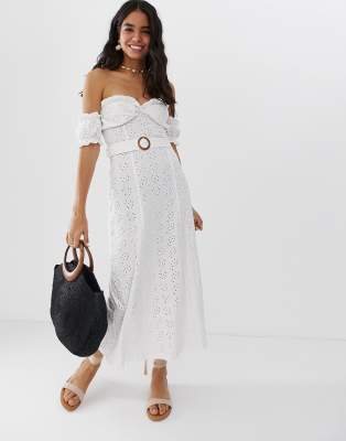 asos design bardot mini broderie sundress with faux tortoiseshell belt