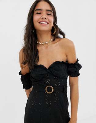 asos design bardot mini broderie sundress with faux tortoiseshell belt