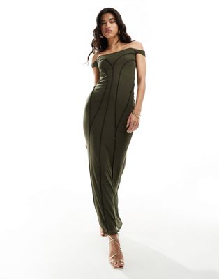 Asos Design Bardot Maxi Dress With Contrast Exposed Seams In Khaki-green