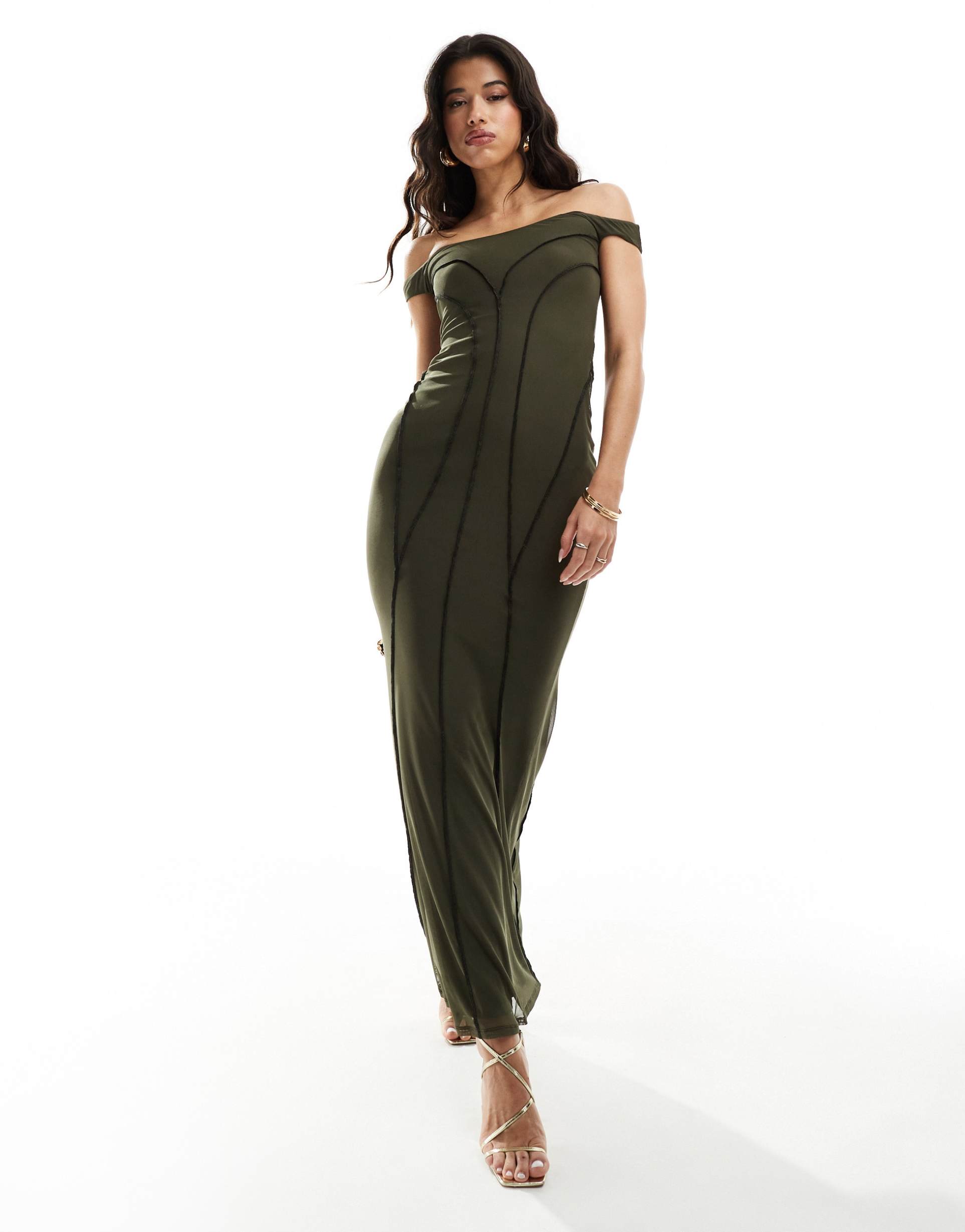 asos design bardot maxi dress with contrast exposed seams in khaki