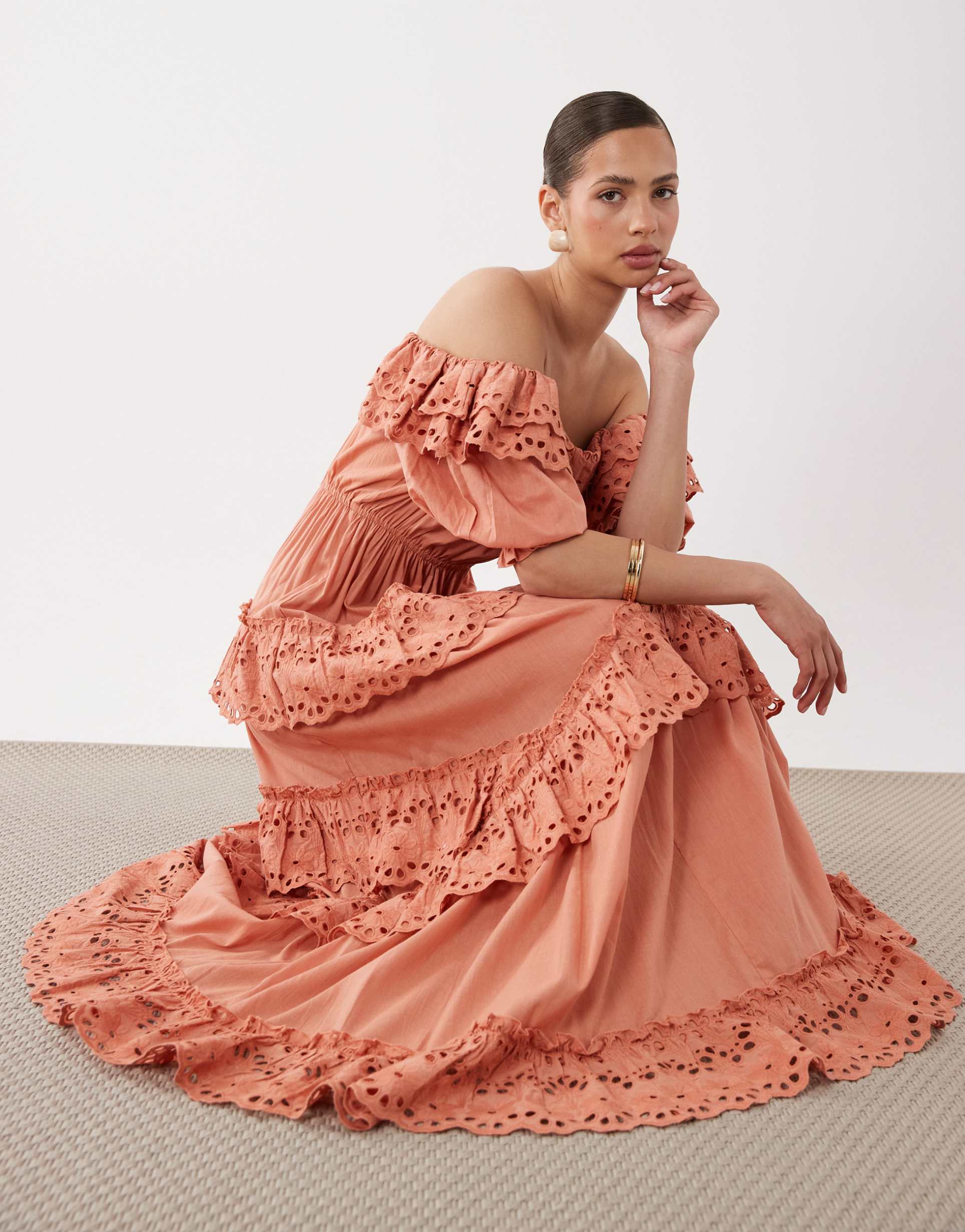 asos design bardot maxi dress with floral broderie in peach