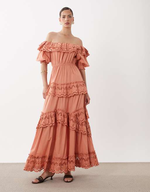 ASOS DESIGN bardot maxi dress with floral broderie in peach, 2 of 4