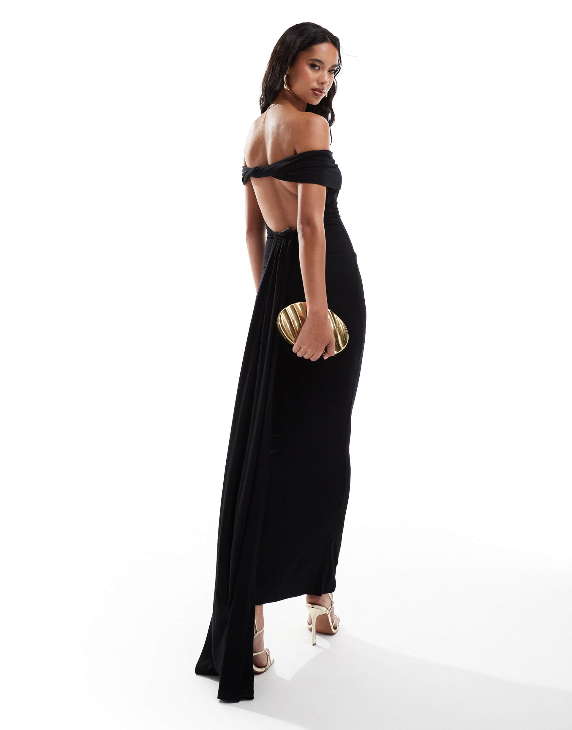 asos design bardot maxi dress with open back and train detail in black