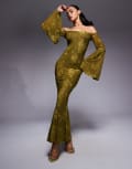 [ASOS DESIGN] ASOS DESIGN bardot maxi dress with oversized angel sleeve and bow back detail in olive green 8 Olive Green