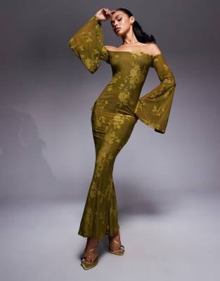 Asos Design Bardot Maxi Dress With Oversized Angel Sleeves And Bow Back Detail In Green