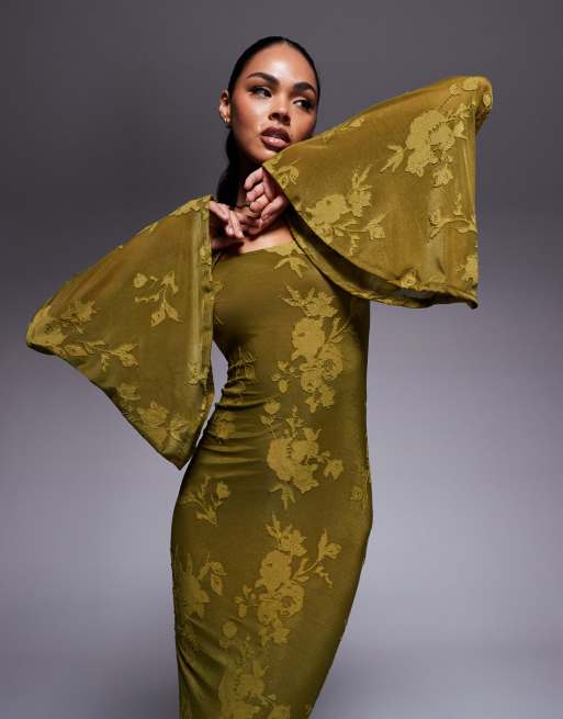 green emerald velvet dress Victoria Green Angel Sleeve Mesh Midi Dress – Scarlett & Jo main image 1