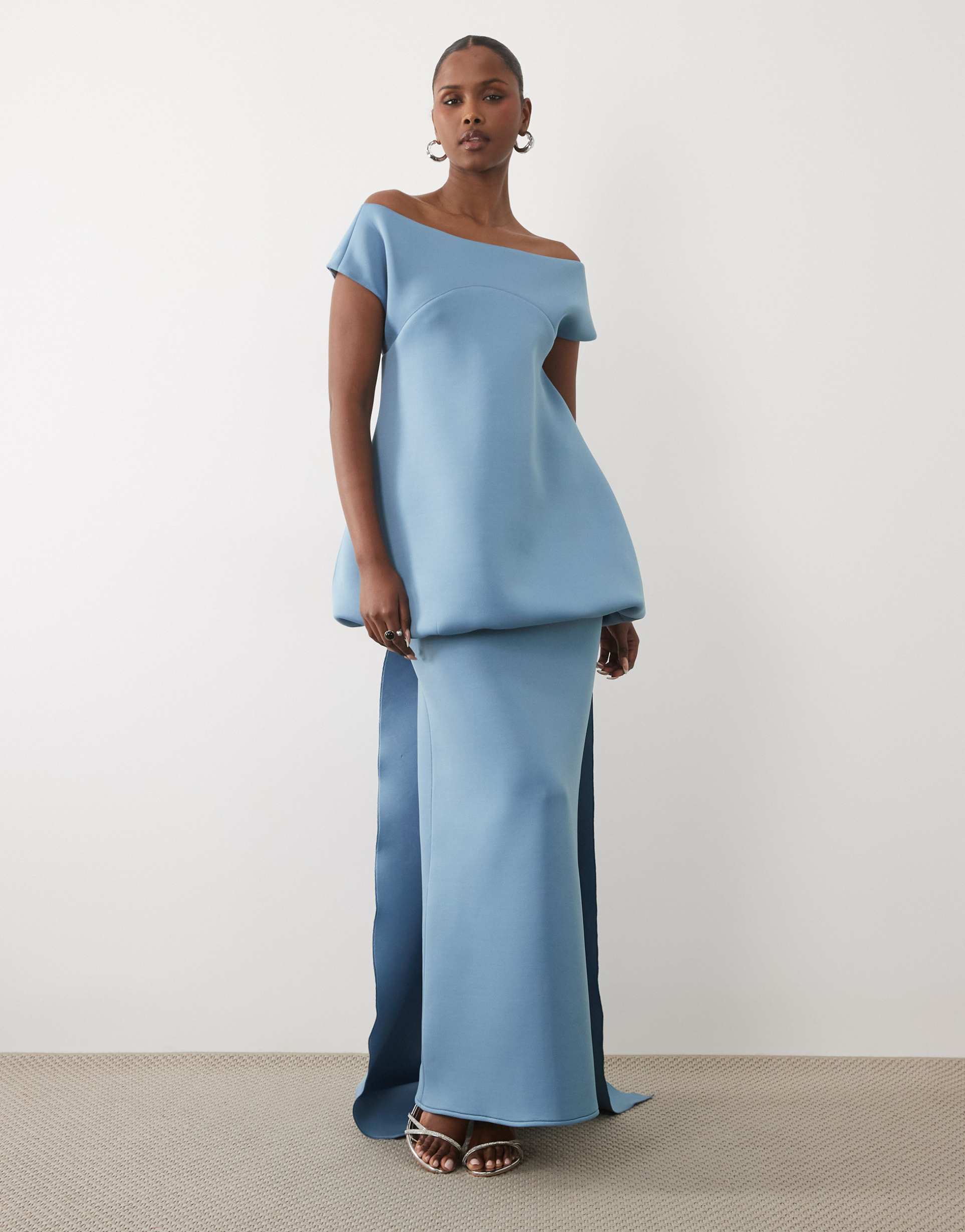 asos design bardot maxi dress with train & bubble bodice in blue