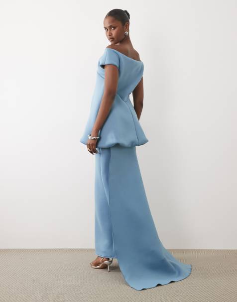 ASOS DESIGN bardot maxi dress with train & bubble bodice in blue