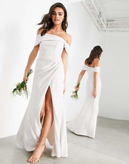 ASOS DESIGN - Bardot maxi jurk van satijn met gedrapeerde overslag in licht zilver, 4 van 4