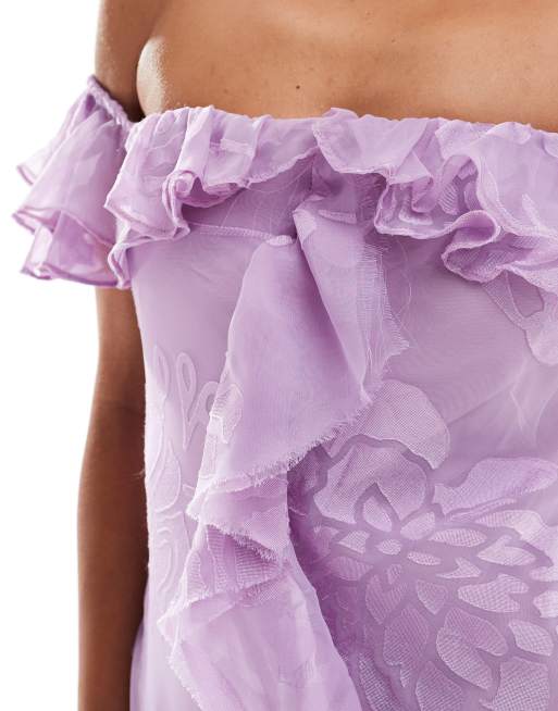 ASOS DESIGN - Bardot-maxikjole med flæser og skråsnit i blomstret lyslilla jacquard, 3 af 4