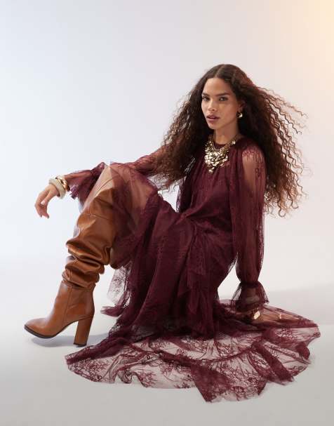ASOS DESIGN – Bardot-Maxikleid in Burgunderrot mit Rüschendetail - view 1