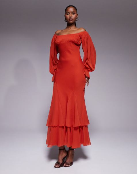 ASOS DESIGN – Bardot-Maxikleid in Rot mit Rüschen, gestuften Godet-Details und Blousonärmeln - view 1